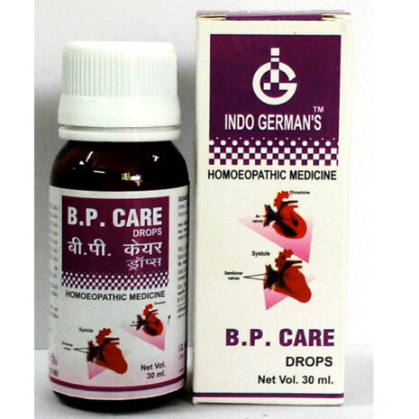 B.P. Care Homeopathic Drops B.P. Care drops bottle and packaging, labeled as homeopathic medicine for blood pressure support, 30ml.