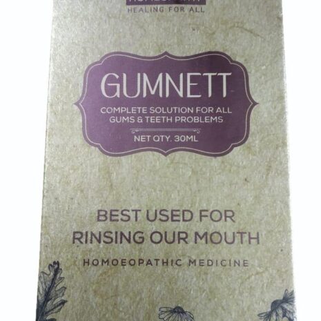 GUMNETT Homeopathic Mouth Rinse Package of GUMNETT, a homeopathic solution for gums and teeth problems, 30ml, featuring herbal illustrations and usage instructions.