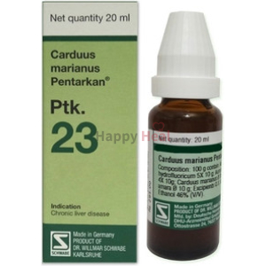 A bottle of Carduus Marianus Pentarkan with a green and white box, indicating its use for chronic liver disease, containing 20 ml of the product.