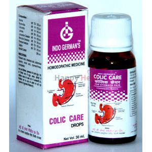 A close-up view of Indo German's Colic Care Drops bottle and packaging, highlighting its use as a homeopathic remedy for colicky pain and digestion issues.