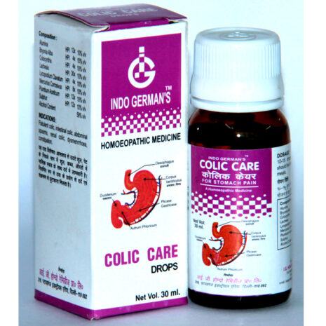 A close-up view of Indo German's Colic Care Drops bottle and packaging, highlighting its use as a homeopathic remedy for colicky pain and digestion issues.