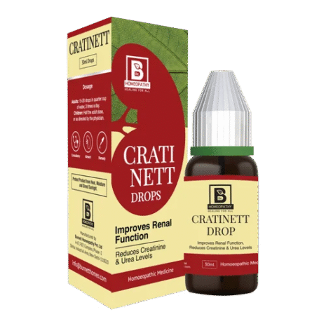 Homeopathic remedy in a dropper bottle that improves renal function and reduces creatinine and urea levels, displayed alongside its packaging.