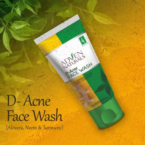 Aloe vera, neem, and turmeric face wash tube on a vibrant background with natural elements, promoting clear skin.