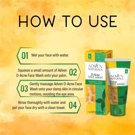 Step-by-step instructions for using Adven D-Acne Face Wash, including wetting the face, applying the product, massaging it in, and rinsing off.
