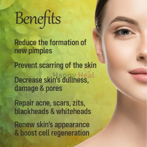 A woman with clear skin beside a list of skin care benefits including reducing pimples, preventing scarring, and boosting cell regeneration.