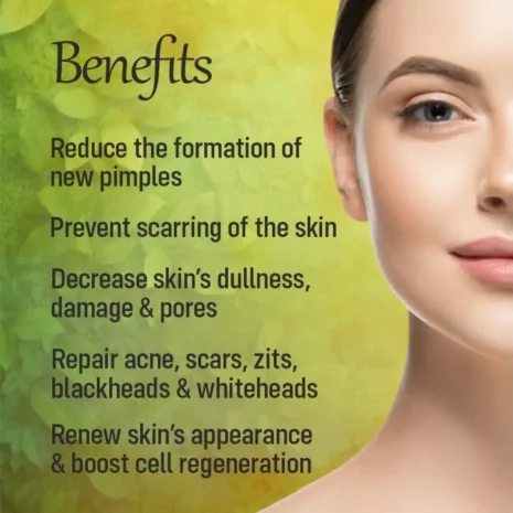 A woman with clear skin beside a list of skin care benefits including reducing pimples, preventing scarring, and boosting cell regeneration.