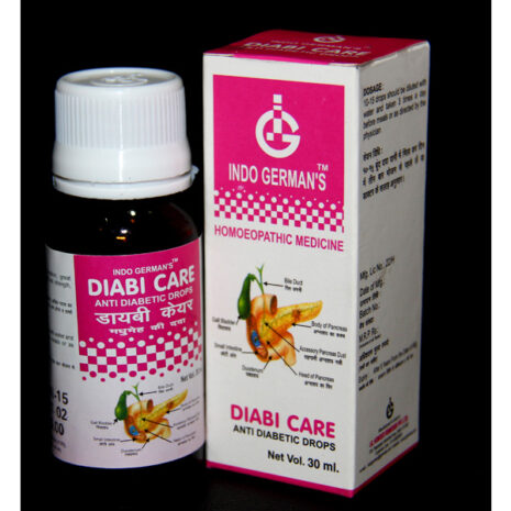 A bottle of Diabi Care homeopathic drops by Indo German, designed for diabetic support, next to its packaging detailing dosage and ingredients.