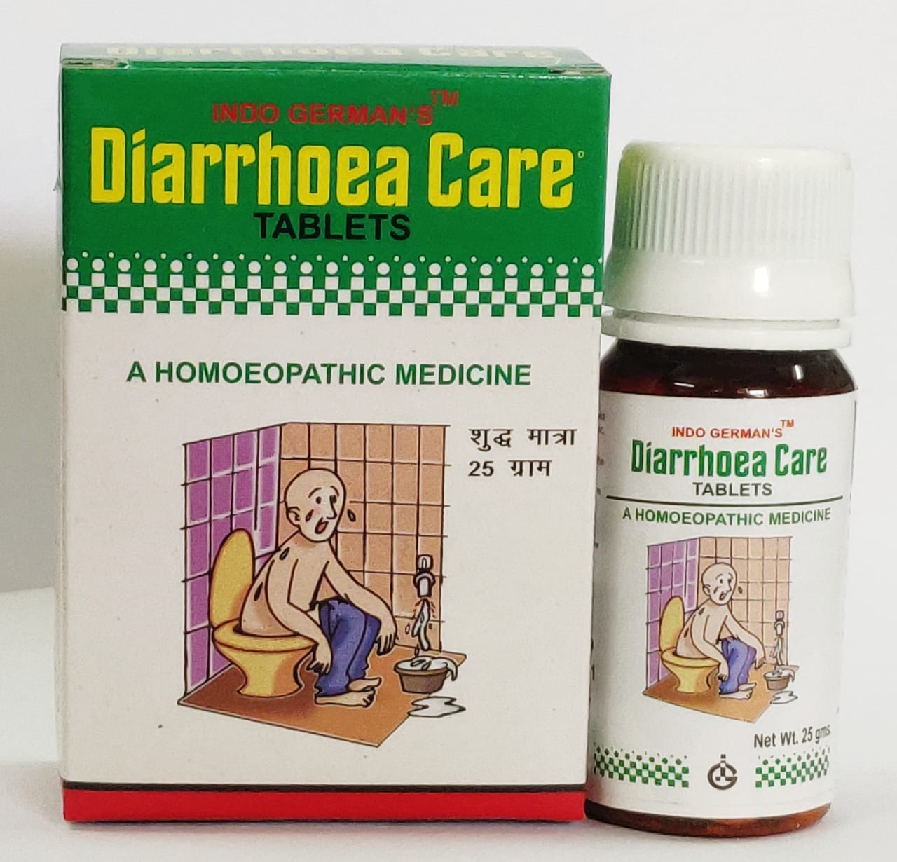 Packaging of Indo German's Diarrhoea Care Tablets, featuring an illustration of a person in a bathroom setting, and product details on the label.