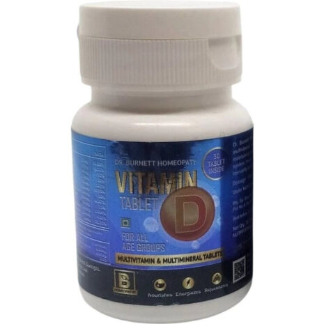 Vitamin D Supplement Bottle A bottle of Vitamin D tablets labeled for all age groups, containing 30 tablets, produced by Dr. Burnett Homeopathy.