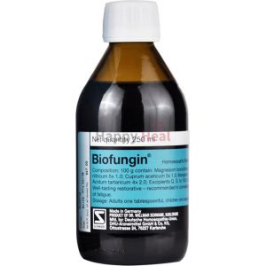 A 250 ml bottle of Biofungin, a homeopathic remedy, featuring a dark liquid with a white cap and a label detailing its composition and usage instructions.