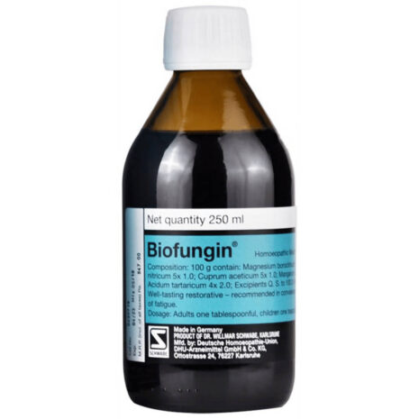 A 250 ml bottle of Biofungin, a homeopathic remedy, featuring a dark liquid with a white cap and a label detailing its composition and usage instructions.