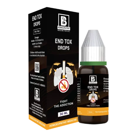 A bottle of End Tox Drops with a sleek design and accompanying box, promoting a natural remedy for fighting addiction, featuring dosage instructions and a caution symbol.
