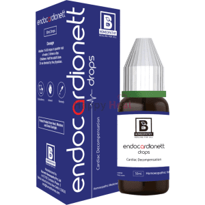 30ml bottle of endocardionett drops, packaged with dosage instructions for treating cardiac decompensation, featuring a blue and white box design.