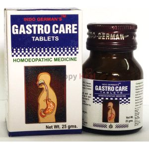 A bottle of Indo German's Gastro Care tablets alongside its box, featuring a graphic of the digestive system and labeled as homeopathic medicine.