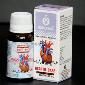 Bottle and packaging of Hearto Care, a homeopathic medicine for heart health, featuring a heart illustration and dosage information.