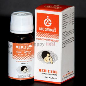 Bottle and box of Hed Care headache drops, a homeopathic medicine, featuring an illustration of a person with a headache.