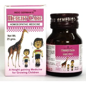 A bottle of Height Care homoeopathic medicine alongside its box, featuring illustrations of a giraffe and children, aimed at promoting height growth in kids.