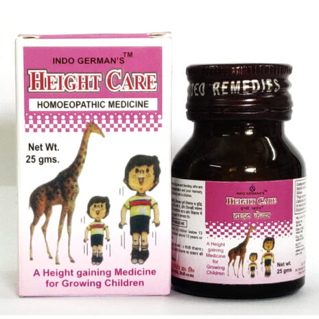 A bottle of Height Care homoeopathic medicine alongside its box, featuring illustrations of a giraffe and children, aimed at promoting height growth in kids.