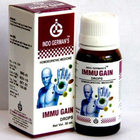 Homeopathic Immunity Booster: Immu Gain Drops A bottle of Immu Gain drops with packaging, designed to enhance immunity, featuring a labeled design with an illustration of a person and various microorganisms.