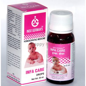 A 30 ml bottle of INFA CARE homeopathic medicine for infants, accompanied by its packaging and detailed label information.
