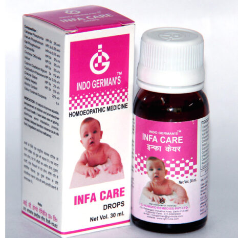 INFA CARE Homeopathic Drops A 30 ml bottle of INFA CARE homeopathic medicine for infants, accompanied by its packaging and detailed label information.