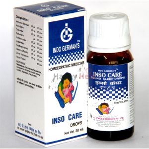 A bottle of Indo German's Inso Care Sound Sleep Drops with a blue and white label, accompanied by its packaging box, promoting restful sleep.