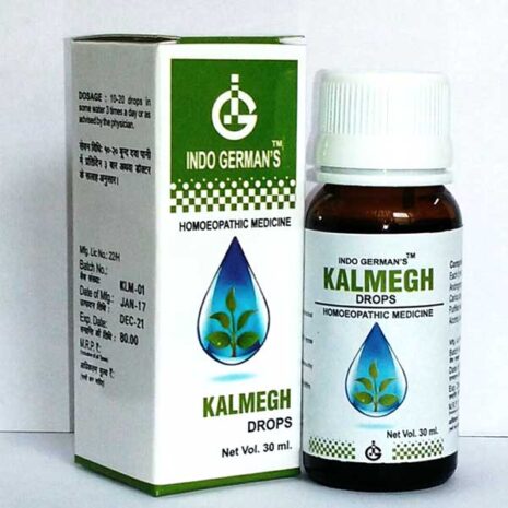 Kalmegh Homeopathic Drops by Indo Germans Bottle of Kalmegh homeopathic drops with dosage information and a green and blue label, placed next to its packaging.