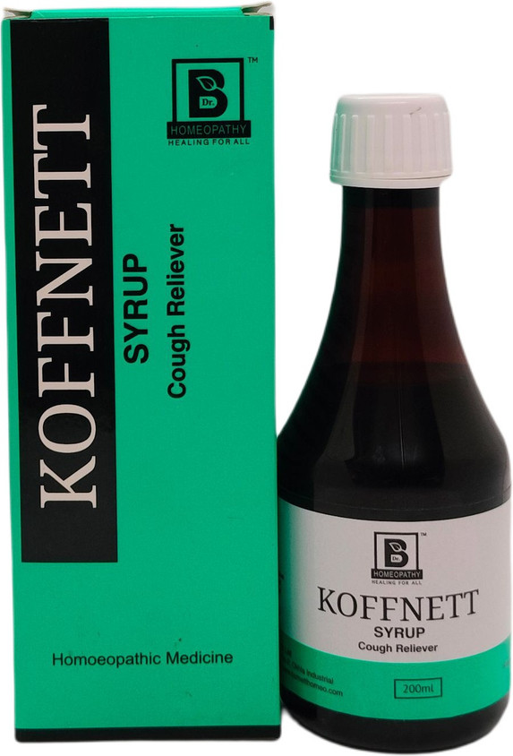 A bottle of KOFFNETT cough syrup in front of its packaging, labeled as a homeopathic medicine for cough relief, 200ml in volume.