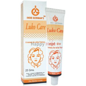 Luko Care Skin Remedy::A tube of Luko Care by Indo Germans, designed for treating white patches, alongside its packaging.