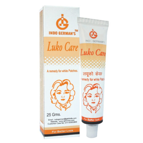 Luko Care Skin Remedy::A tube of Luko Care by Indo Germans, designed for treating white patches, alongside its packaging.