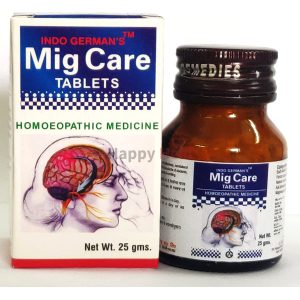 Image of Mig Care homeopathic medicine packaging and tablet bottle, designed for migraine relief, featuring a graphic of a brain and a person experiencing discomfort.