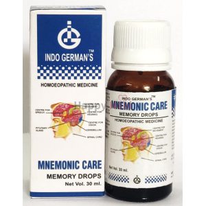 Bottle of homoeopathic memory drops with labeled functions related to brain health and memory enhancement.