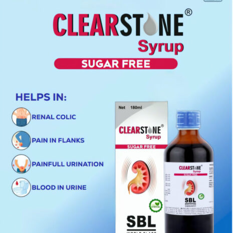 A promotional image showcasing CLEARSTONE syrup, highlighting its sugar-free formula and benefits for renal colic, flank pain, painful urination, and blood in urine, alongside product packaging and branding details.