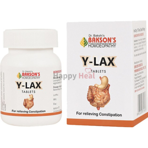 A bottle of Y-Lax tablets alongside its packaging, designed for relieving constipation, featuring an illustration of a digestive system.