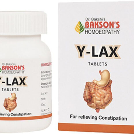 A bottle of Y-Lax tablets alongside its packaging, designed for relieving constipation, featuring an illustration of a digestive system.