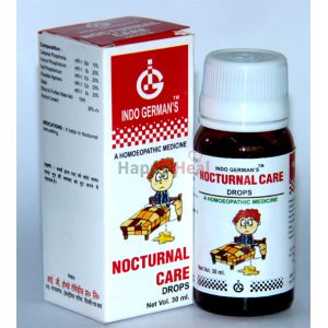 A bottle of Indo German's Nocturnal Care Drops alongside its packaging, designed to assist with nocturnal bedwetting.