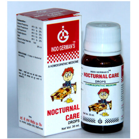 A bottle of Indo German's Nocturnal Care Drops alongside its packaging, designed to assist with nocturnal bedwetting.