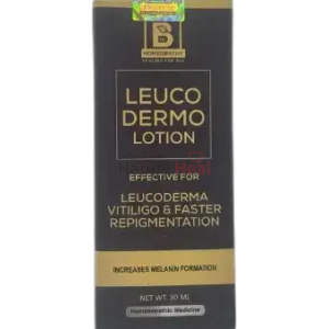 A 30 mL box of Leuco Dermo Lotion, a homeopathic remedy for leucoderma, vitiligo, and repigmentation, featuring a sleek black design with gold accents.