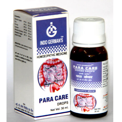 Indo German's Para Care Drops for Worms A 30ml bottle of homeopathic medicine labeled 'Para Care' designed to treat worms, displayed with its box featuring a diagram of the intestines.