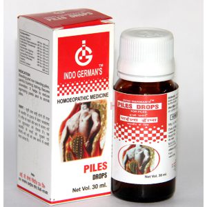 A 30 ml bottle of Piles Drops from Indo German's, designed to provide relief for piles; includes packaging with usage instructions and indications.