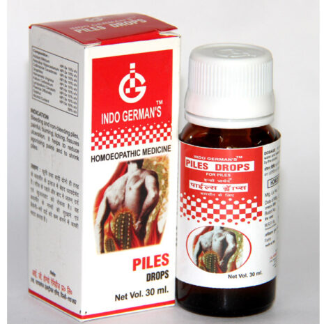 A 30 ml bottle of Piles Drops from Indo German's, designed to provide relief for piles; includes packaging with usage instructions and indications.