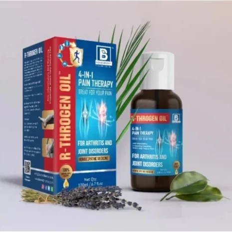 Bottle of R-Throgen Oil with packaging, designed for arthritis and joint disorders, accompanied by herbal elements like lavender and leaves.