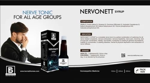 Nervonett syrup packaging with composition details and usage instructions, featuring a person experiencing discomfort.