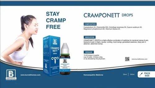 Packaging and benefits of Cramponett Drops, a homeopathic solution for menstrual discomfort, featuring a woman in a relaxed pose.