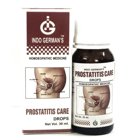 A 30 ml bottle of homeopathic medicine for prostatitis care, accompanied by a detailed illustration of the male reproductive system on the packaging.