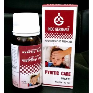 Bottle and packaging of Indo German's Pyritic Care, a homeopathic remedy for treating children's ailments, featuring a child with a thermometer.