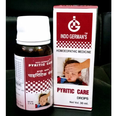 Bottle and packaging of Indo German's Pyritic Care, a homeopathic remedy for treating children's ailments, featuring a child with a thermometer.