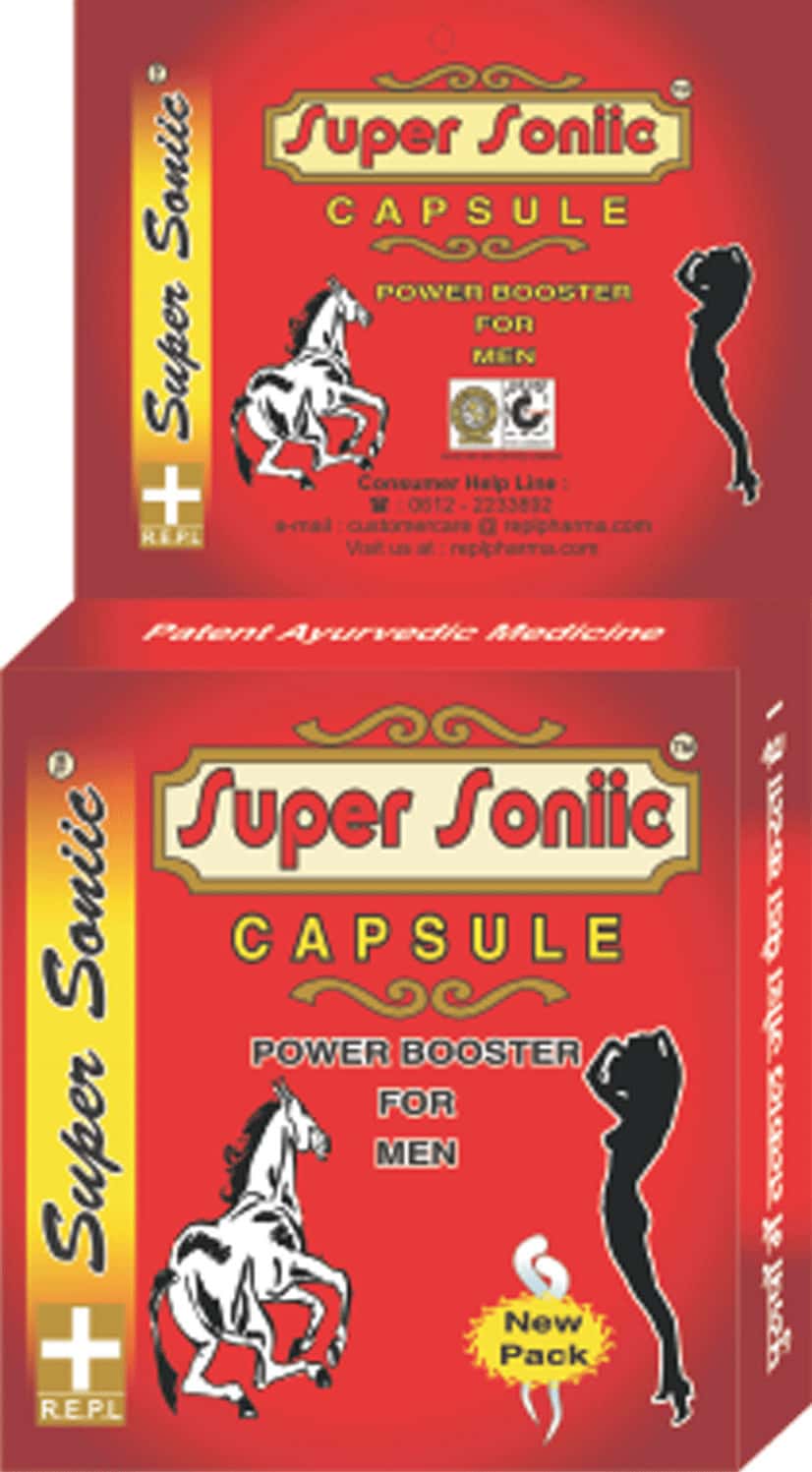 A red packaging design displaying "Super Sonic Capsule" with a horse illustration and a silhouette of a woman, labeled as a power booster for men.