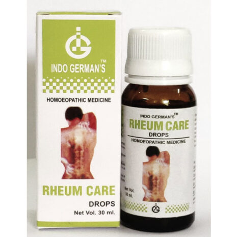 A bottle of Indo German's Rheum Care drops along with its packaging, designed for homeopathic treatment of rheumatism.