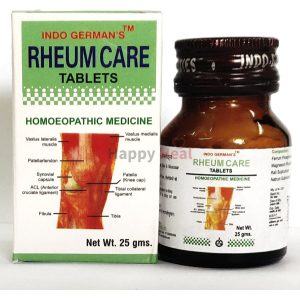Image of an Indo German’s Rheum Care tablet bottle and box, highlighting its use as a homeopathic medicine for joint and muscle health, featuring anatomical labels and dosage information.